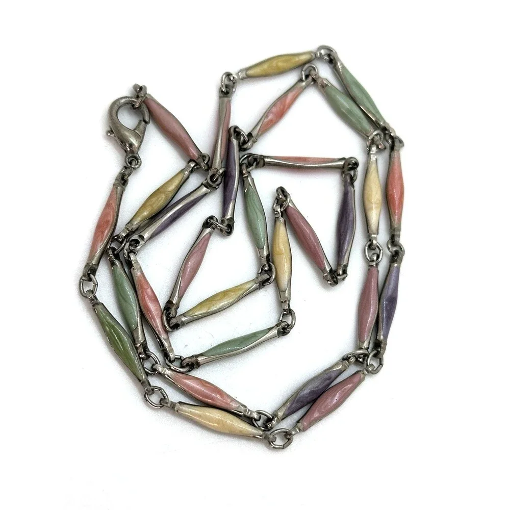 Vintage Pastel Enamel Link Necklace Gold Tone Green Yellow Purple Pink